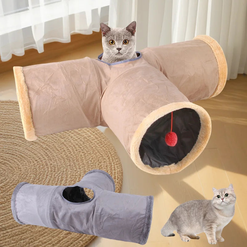 Collapsible Suede Cat Tunnel – Winter Play & Hide Tunnel for Kittens, Puppies & Rabbits (2-Way/3-Way)