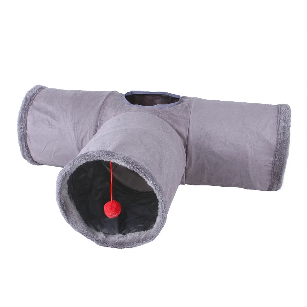 Collapsible Suede Cat Tunnel – Winter Play & Hide Tunnel for Kittens, Puppies & Rabbits (2-Way/3-Way)