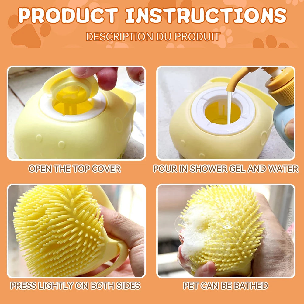 Pet Bathing Brush with Shampoo Dispenser – Soft Silicone Massage Brush for Dogs & Cats