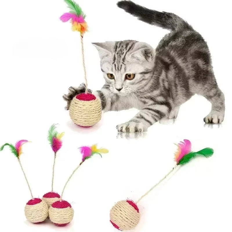 Cat Training Toy – Sisal Scratch Ball with Feather Attachment