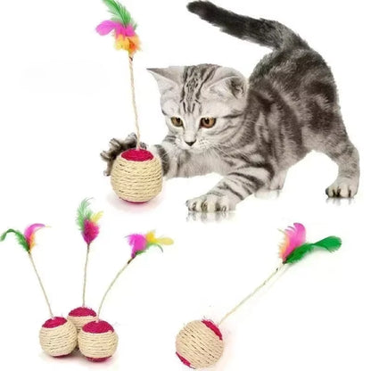 Cat Training Toy – Sisal Scratch Ball with Feather Attachment