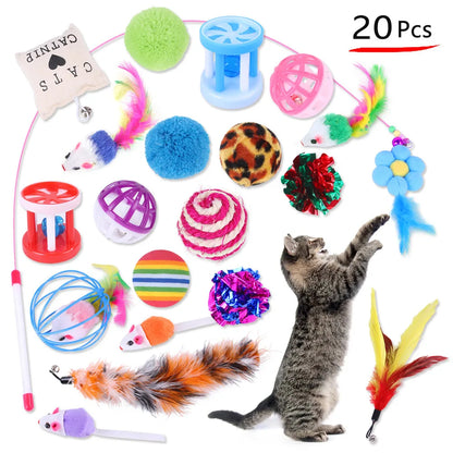 20-Piece Cat Toy Combo by Dualpet – Interactive Sisal Mouse, Bell Ball & Cat Stick