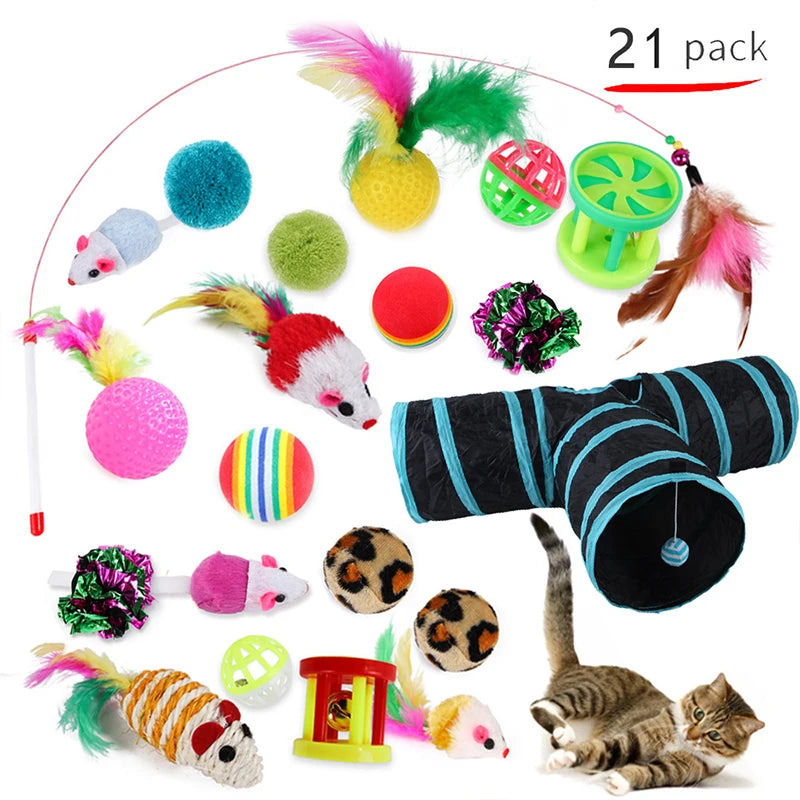 20-Piece Cat Toy Combo by Dualpet – Interactive Sisal Mouse, Bell Ball & Cat Stick