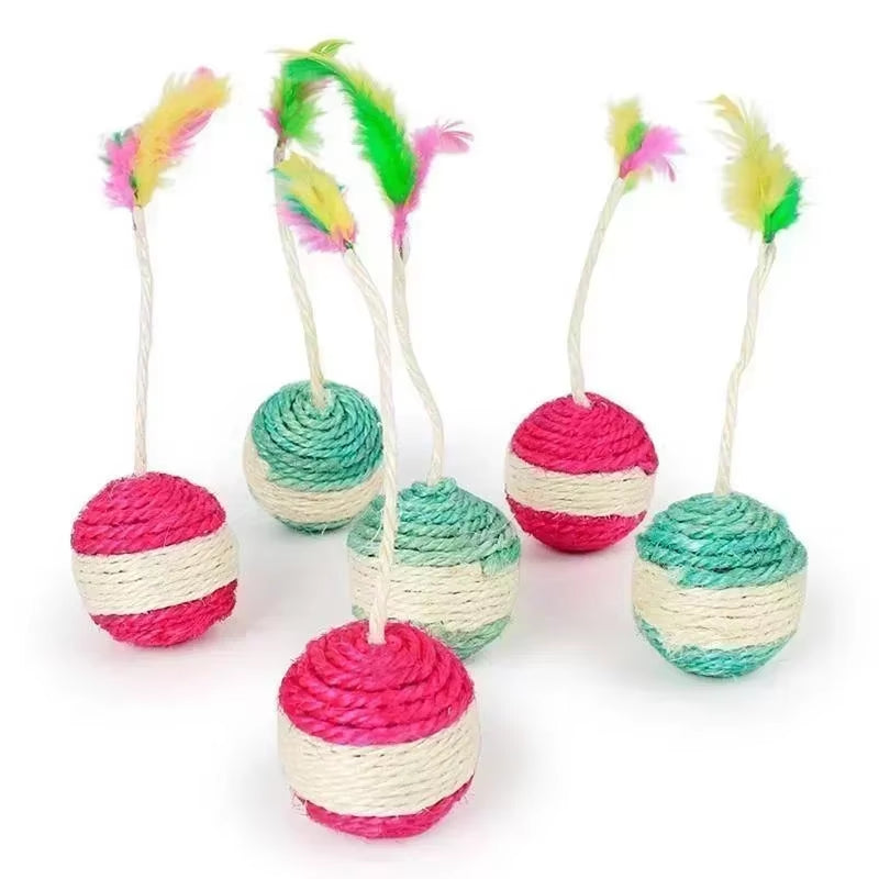 Cat Training Toy – Sisal Scratch Ball with Feather Attachment